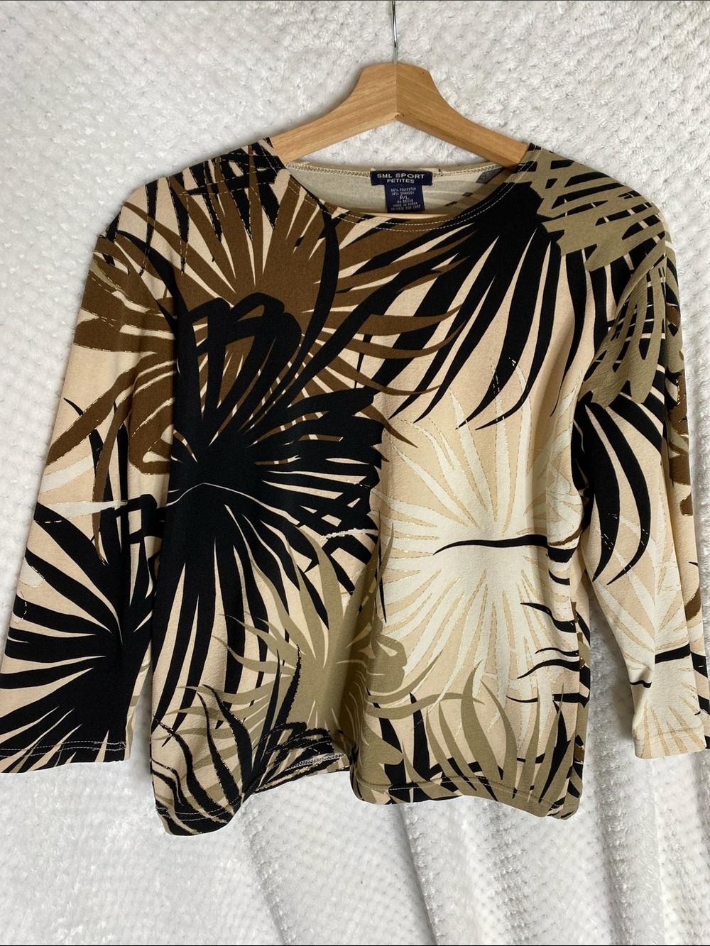 SML Sport Palm Leaf Look Crewn Top in Beige, Black & Tan